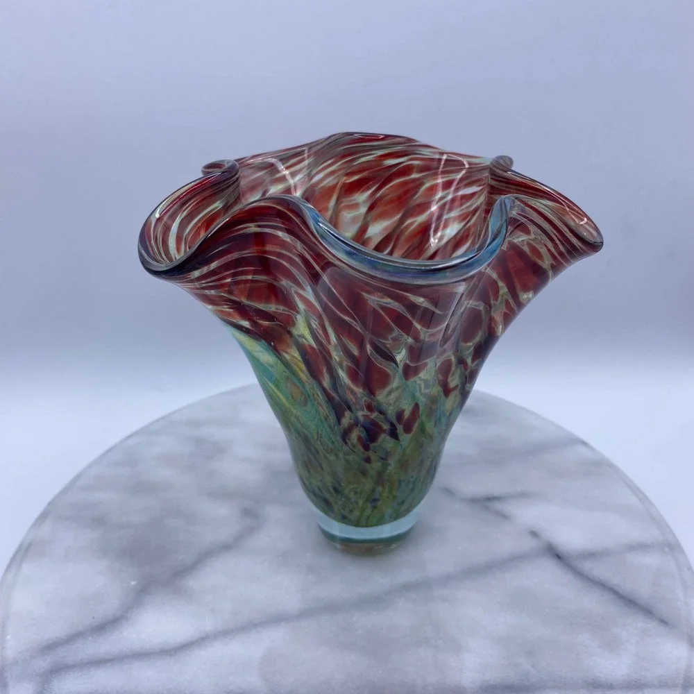 Vintage Artist Signed Studio Abstract Art Glass 1998 Handblown Ruffled Vase 7.5